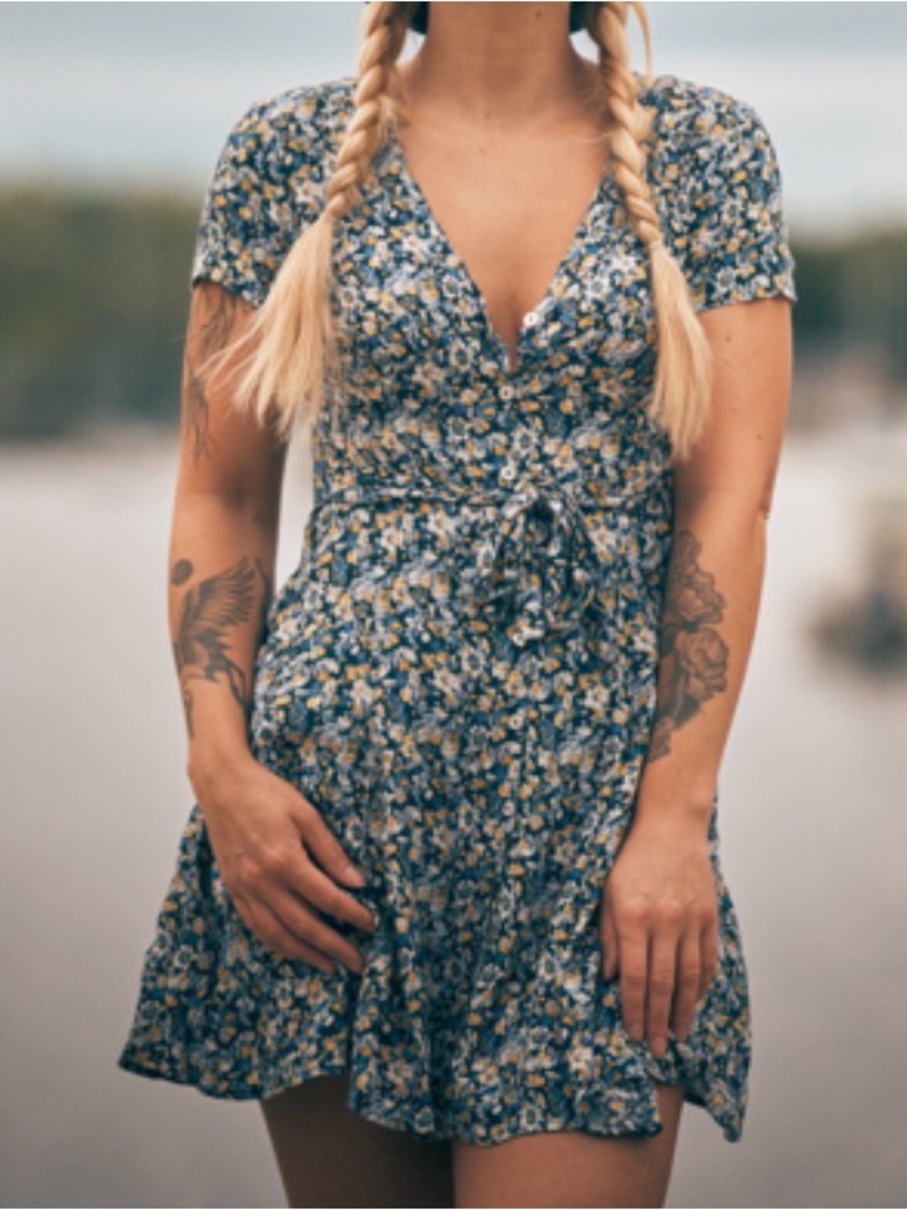 Vintage 90s Esprit Navy Blue Floral Mini Dress